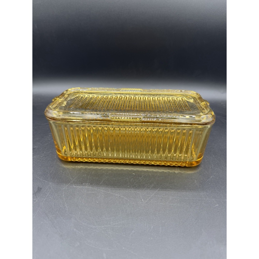 Federal Glass Amber Ribbed Depression Glass Refrigerator Dish w/ Lid 🟧✨ Vintage